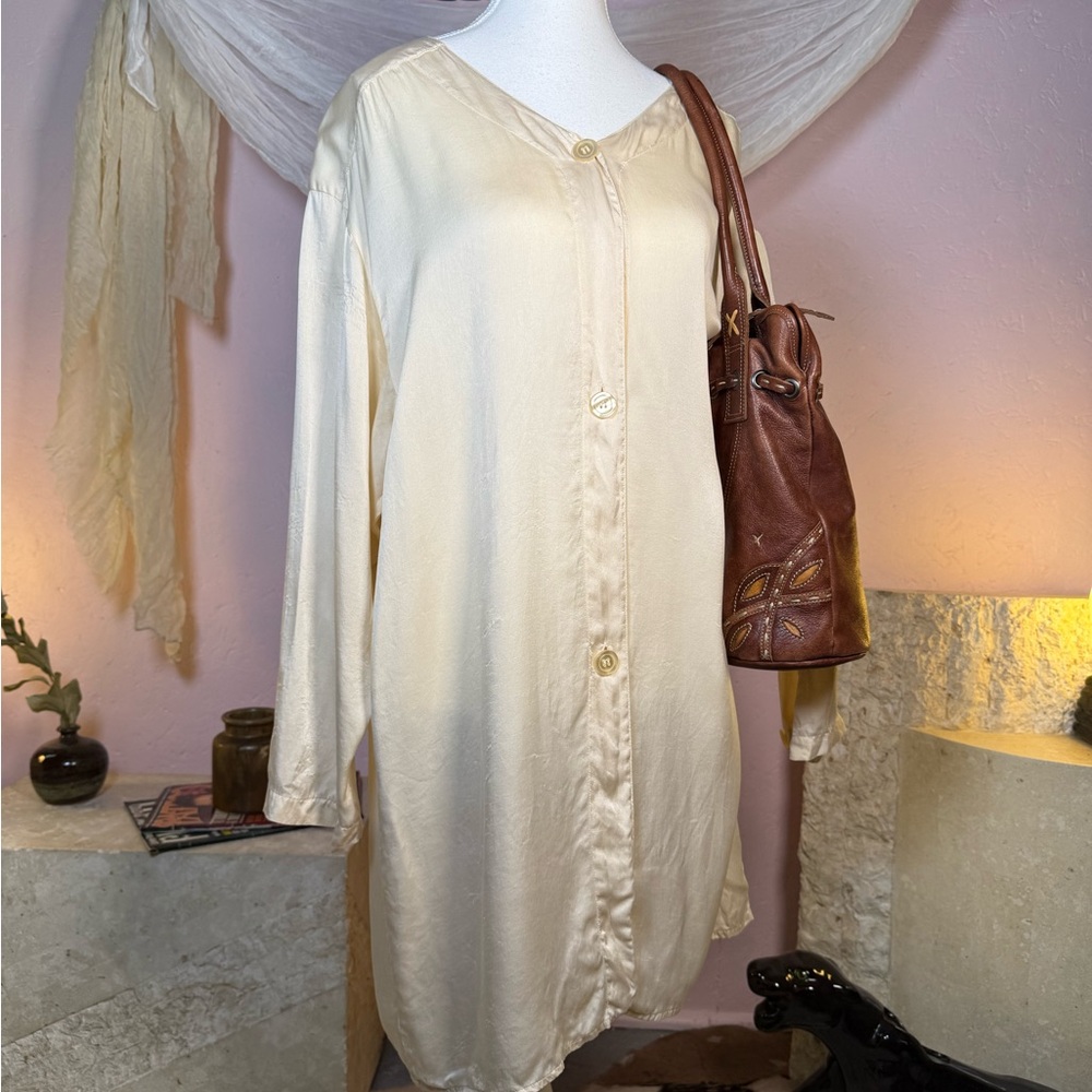 Vintage La Senza 100% Silk Shirt Cream Oversized Sleepwear Button Up Small